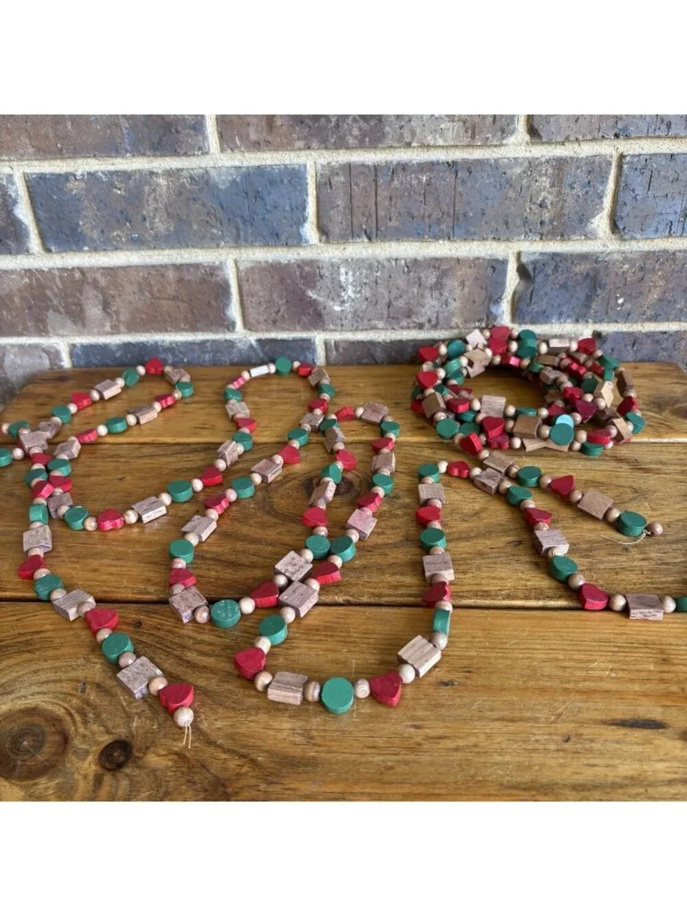 VTG Wooden Hearts Bead Garland 9 Red Green Lot Of 2 9 Ft Strands